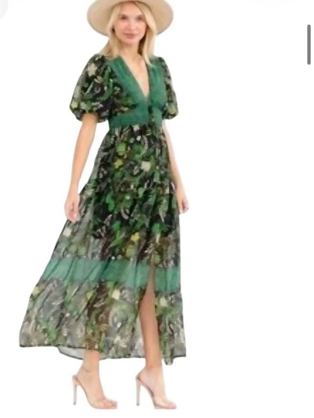 #938 entro Green Floral V-Neck Maxi Dress with Puff Sleeves. Lined and New